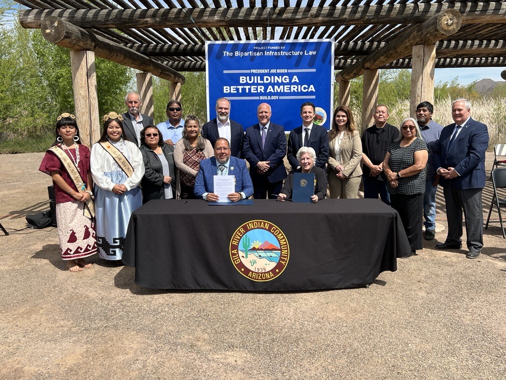 Today Reclamation visited the Gila River Indian Community to sign a system conservation agreement that will generate up to 125,000 acre-feet of system conservation water in 2023 under Reclamation’s Lower Colorado River Basin System Conservation and Efficiency Program established with Inflation Reduction Act funding.